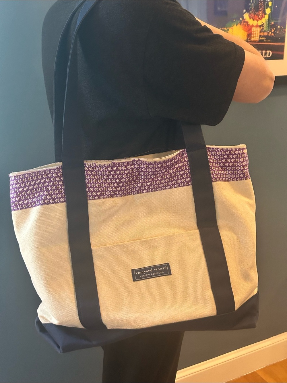 Vineyard Vines Cream Holy Cross Custom Collection Canvas Tote with Purple Trim